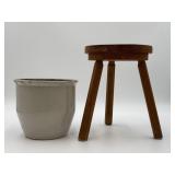 Stoneware Crock and Wooden Stool