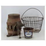 Wagon Hub, Wire Egg Basket & Grinder