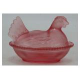 Pink Satin Glass Hen on Nest Covered Dish