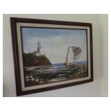 Framed Lighthouse And Sailboat Painting