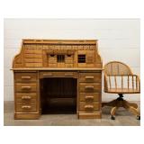 Oak Roll Top Desk With Chair