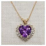 14K Gold Heart Necklace Amethyst & Diamonds