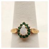 14K Gold Ring Teardrop Opal & Emeralds