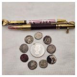 1963 Silver Canadian 50C + Roman Coins & Pens