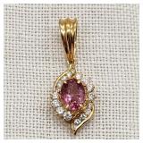 14K Gold Pendant Pink Tourmaline & Diamonds
