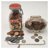 Glass Banks w/ Wheat Cents & Asstd Silver Coins
