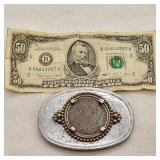 Buckle w/ 1879 Morgan Silver $1 + 1990 $50 Bill