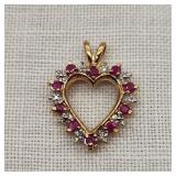 10K Gold Heart Pendant Rubies & Diamonds