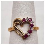 10K Gold Heart Ring Rubies & Diamonds