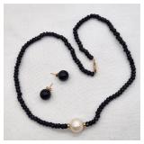 14K Gold Clasp Pearl & Onyx Necklace + Earrings