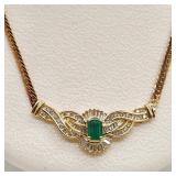 14K Gold Necklace w/ Emeralds & Diamonds
