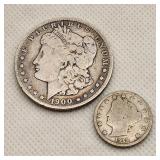 1900-O Morgan Silver Dollar + 1912 V-nickel