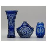 Cobalt Cut To Clear Glass Vases And Basket