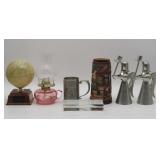 Globe, Oil Lamp, Steins And Angel Candleholders