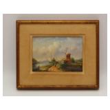 Signed Windmill Landscape Painting