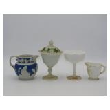 Blue And White Pitcher And Milk Glass