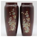 Asian Mother Of Pearl Inlaid Wood Vases
