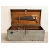 Dovetailed Wooden Toolbox With Hand Saw