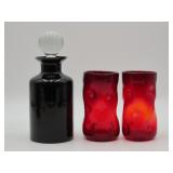 Art Glass Decanter And Cadmium Glass Tumblers