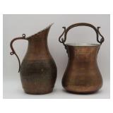 Engraved Copper Pitcher And Handled Vessel