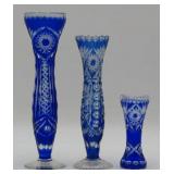 Three Cobalt Cut To Clear Glass Vases