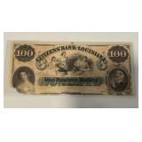 1857 $100 Citizens Bank of Louisiana Note