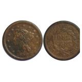 1850 1 Cent Braided Large Hair Cent