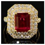Emerald Cut 5.45 ct Ruby & VS Lab Diamond Ring