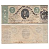 1862 $5 Virginia Treasury Note Obsolete Currency