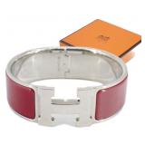 HERMES Red Enamel H Click Bangle Bracelet