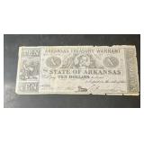 1862 $10 Arkansas Treasury Obsolete Note