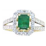 14k Gold 1.85ct Natural Emerald & Lab Diamond Ring