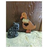 Cast Iron Owl and Wooden Duck Decor