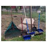 Lot of Yard Rakes, Brooms, Dustpans