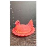 Mosser red satin glass hen on a nest dish with split tail