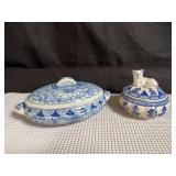 Two Porcelain Covered Bowls Painted in a Blue and White Design