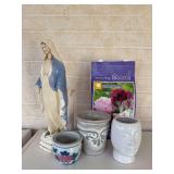 Four planters and a package of four peony plant bulbs