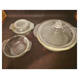 2 qt round baking dish with lid and two 12 oz casserole dishes with one lid