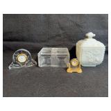 Vintage Westmoreland Glass Milk Glass Covered Dish, Illusions Lead Crystal Clock made in Slovenia, Miniature Glass and Metal Desk Clock, and a Vintage Glass Covered Trinket Dish