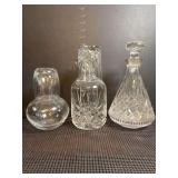 Collection of three vintage clear glass crystal decanters, one with a stopper, and two with matching tumblers ￼for a  “bedside decanter” or “bedside carafe”