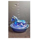 Carnival glass Pony on Nest candy dish