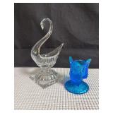 Vintage Blue Glass Owl Toothpick Holder and Vintage Glass or Crystal Swan Trinket Dish
