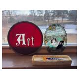 Two Hanging Framed Glass Pictures and a Blown Glass Calligraphy Pen (NIB)