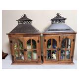 Pair of Wood and Metal Double Door Lantern Boxes with Floral, Candle, and Bird Decor Inside