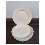 White Ceramic Fluted Tart Pan and White Ceramic Royal Tudor Plate in the “White Tudor” Pattern by Grindley of Stoke