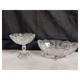 Set of Vintage Cut Glass Serving Pieces Including a Footed Candy Dish or Compote and a Footed Oval Dish