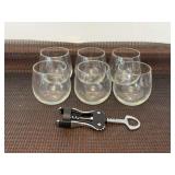 Set of six stemless wine, glasses, and a corkscrew