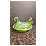 Lime Green iridescent carnival glass Hen on nest candy dish