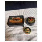 Three Small Hand Painted Lacquer or Wooden Boxes