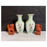 Vintage Porcelain Chinese Vases and Vintage Carved Wood Chinese Foo Dog Sculptures